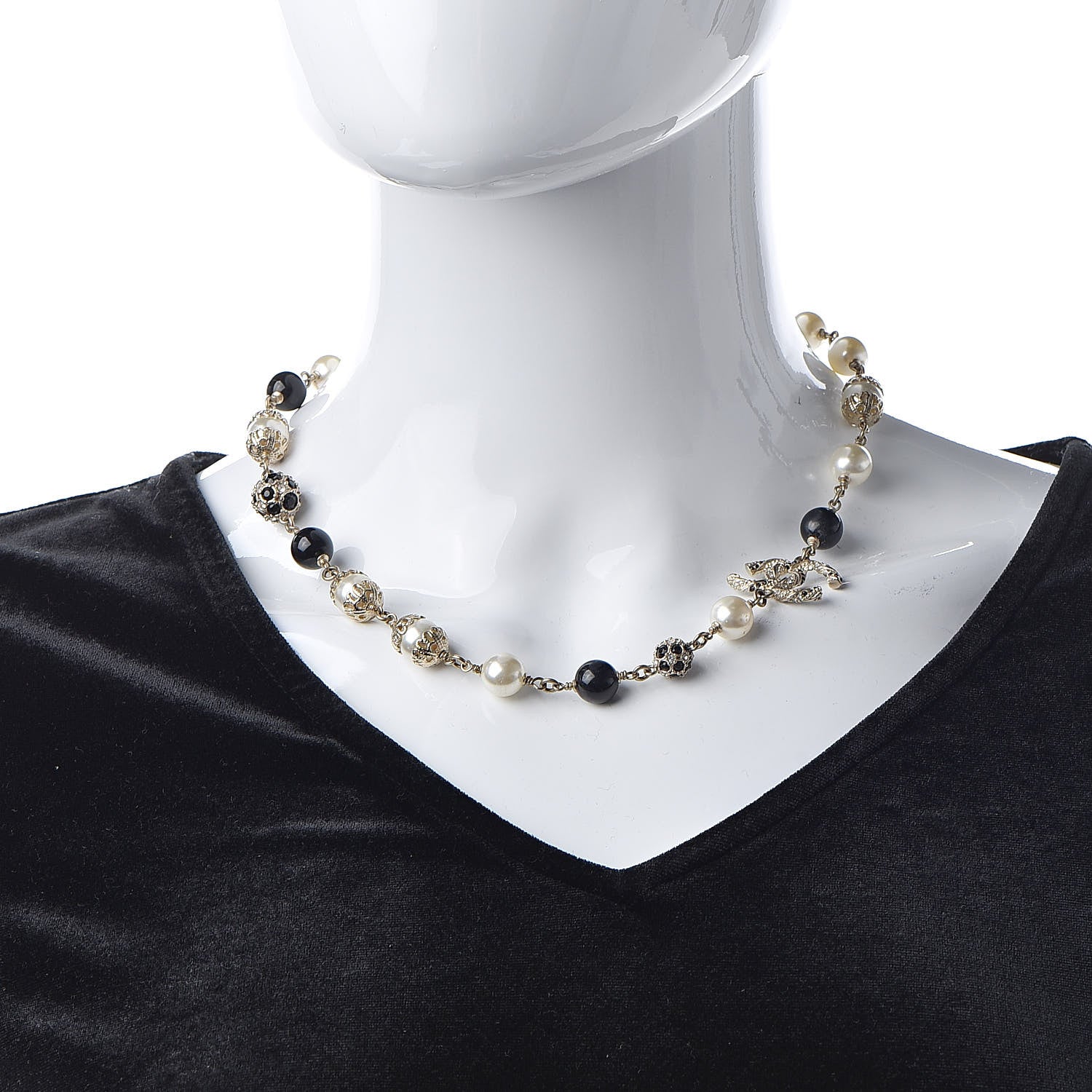 Chanel Crystal Pearl Beaded CC Short Necklace Gold Black 2 of 4