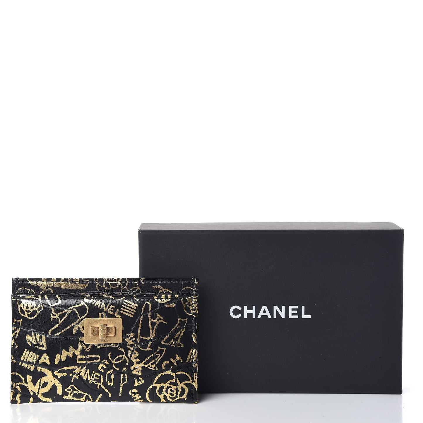 Calfskin Crocodile Embossed Graffiti 2.55 Cocodile Reissue Card Holder Black Gold