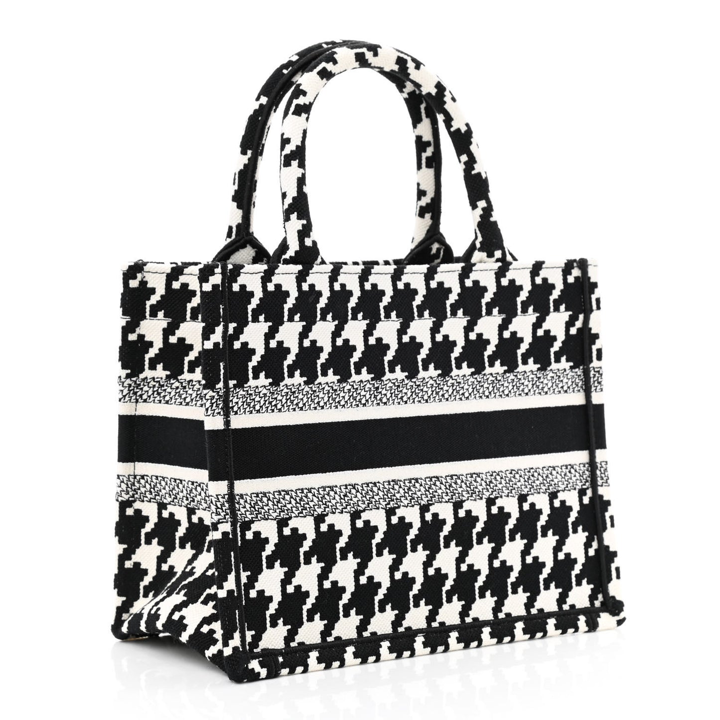 Canvas Houndstooth Embroidered Small Book Tote Black White
