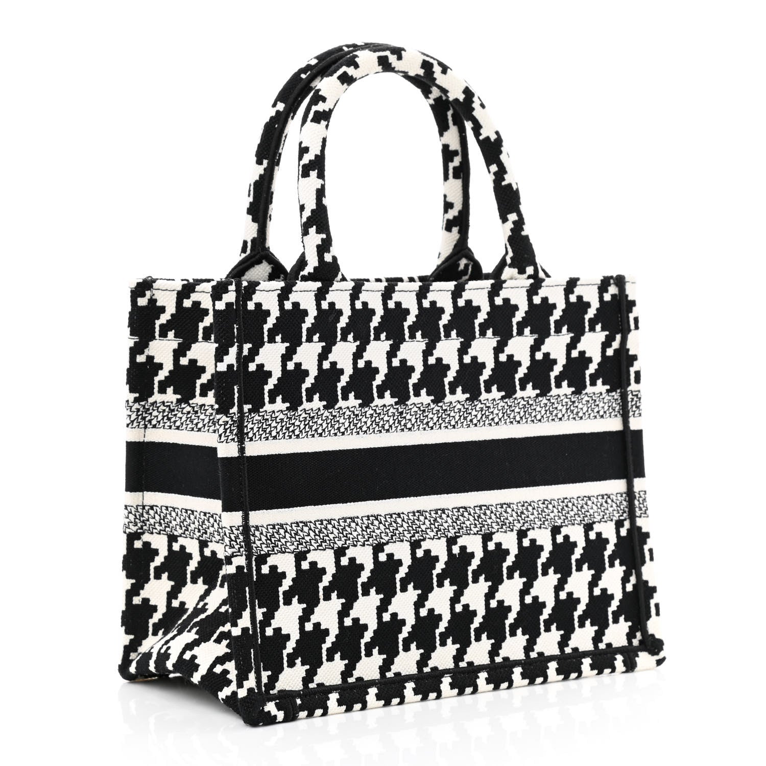 Christian Dior Canvas Houndstooth Embroidered Small Book Tote Black White 6 of 11