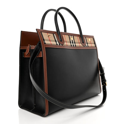 Burberry Calfskin Vintage Check Medium Two Handle Title Bag Black 3 of 10