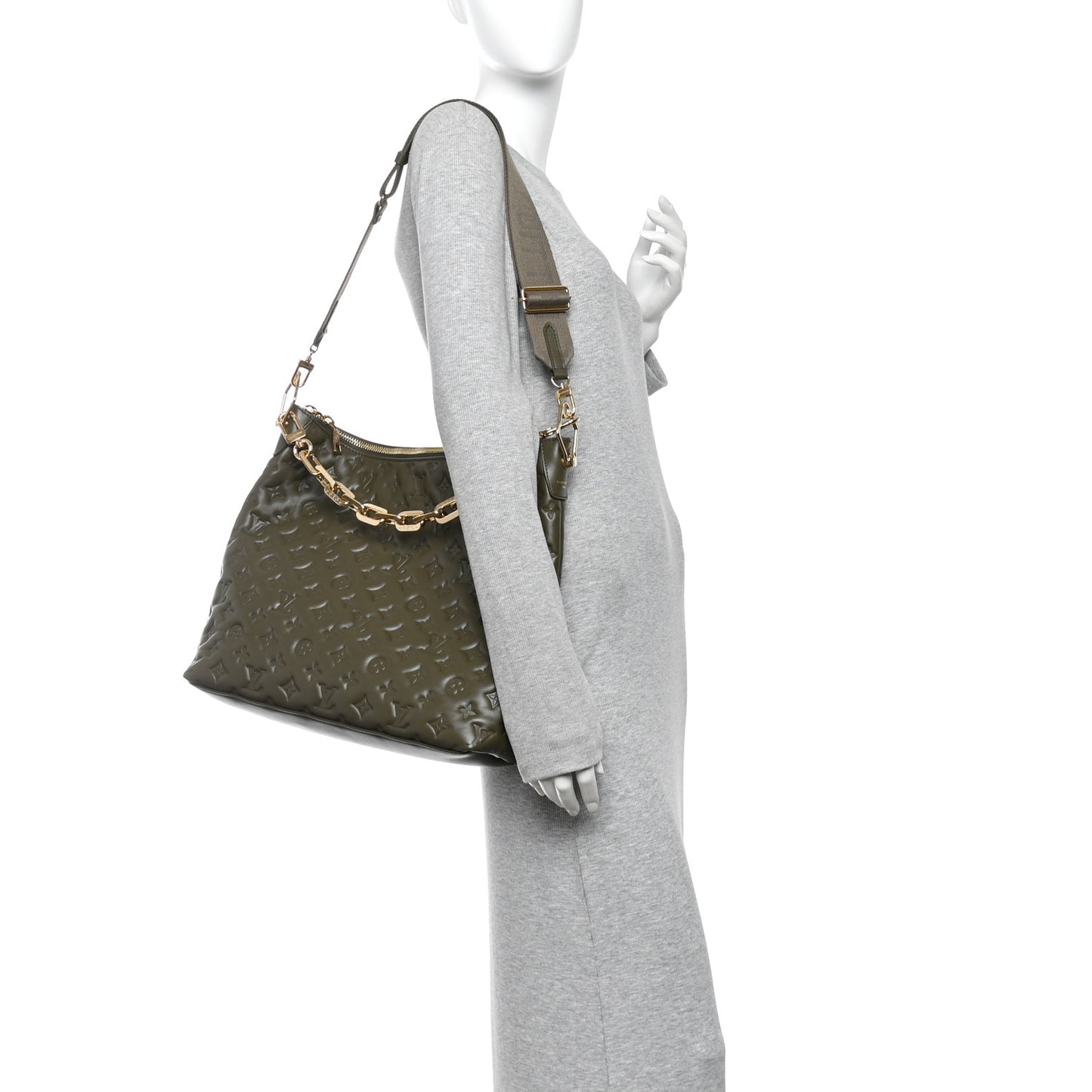 Calfskin Embossed Monogram Coussin Hobo Dark Kaki