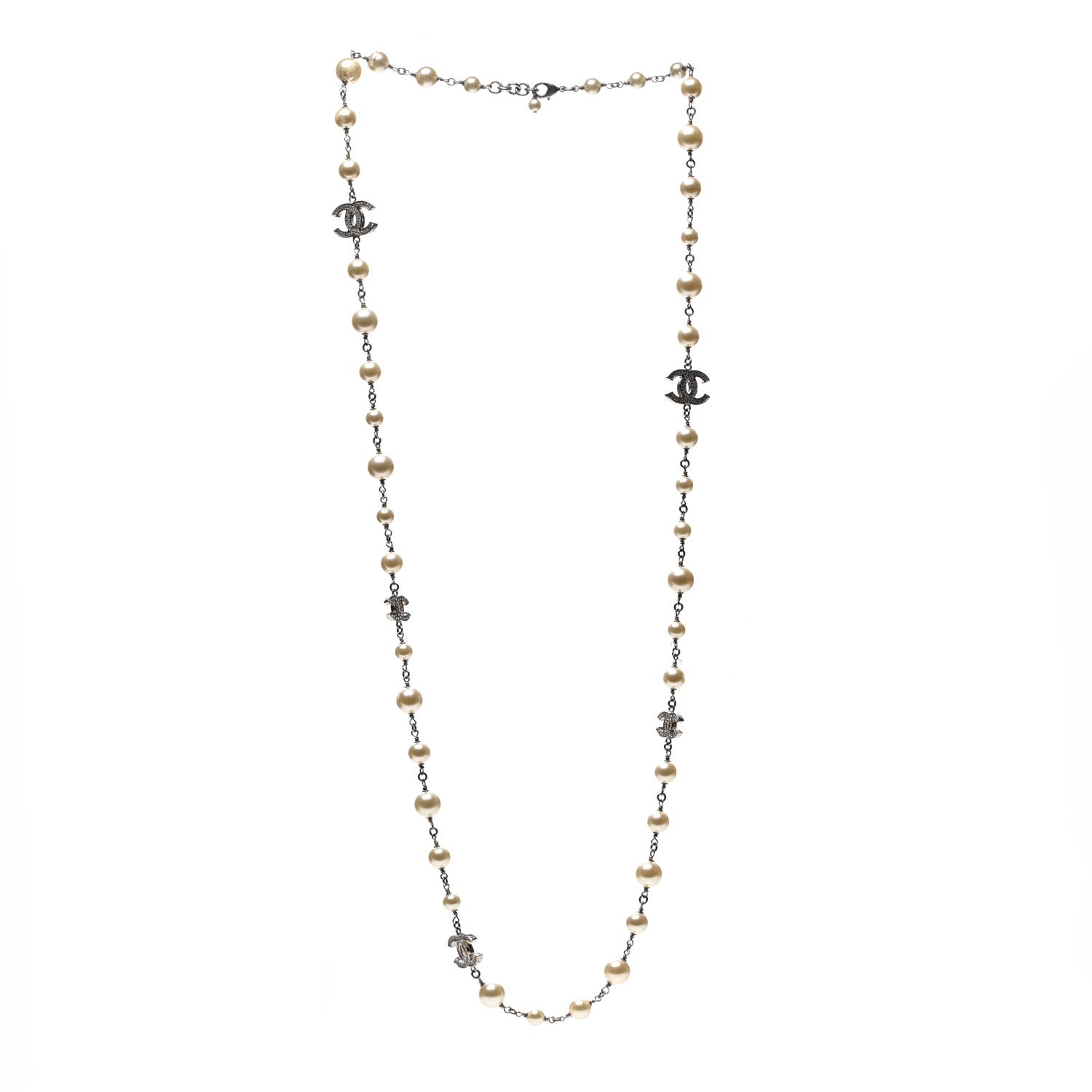 Chanel Graduated Pearl Crystal CC Long Necklace Silver 3 of 6