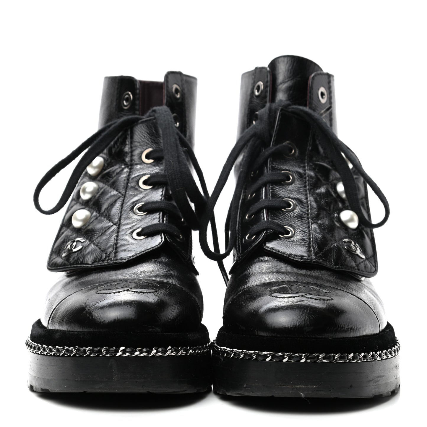 Crackled Calfskin Velvet Pearl Combat Short Boots 35.5 Black