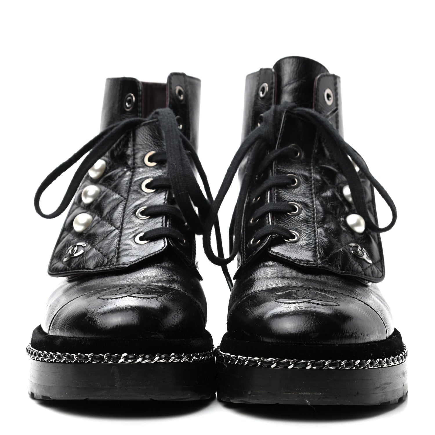 Chanel Crackled Calfskin Velvet Pearl Combat Short Boots 35.5 Black 2 of 9