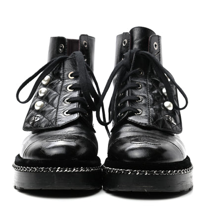 Chanel Crackled Calfskin Velvet Pearl Combat Short Boots 35.5 Black 2 of 9