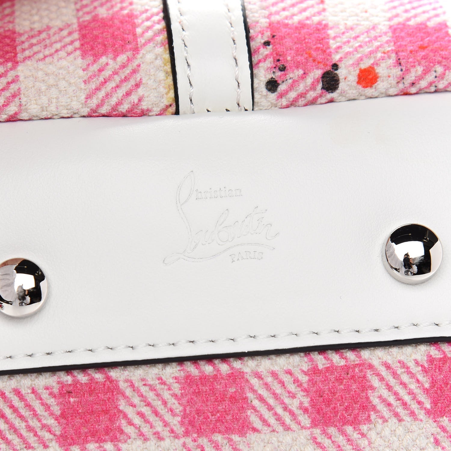 Christian Louboutin Canvas Gingham Printed Mini Frangibus Tote Pink White 7 of 9