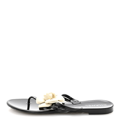 Chanel Jelly Camellia Thong Sandals 38 Black Ivory 1 of 8