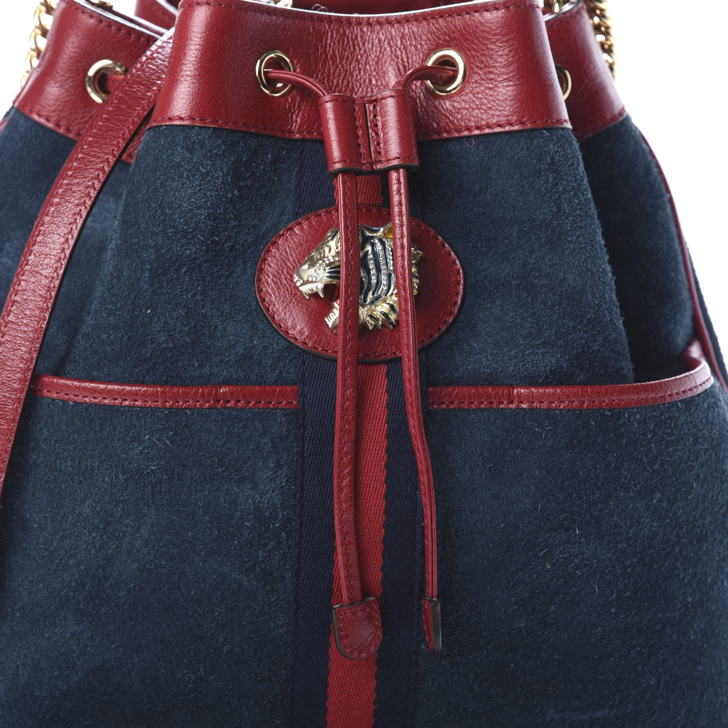 Gucci Suede Calfskin Web Medium Rajah Bucket Bag New Blue Romantic Cherry 6 of 9