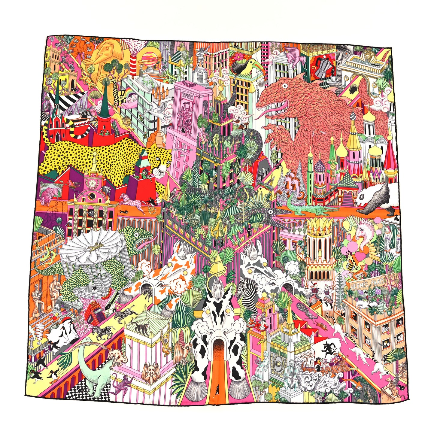 Silk Animapolis Scarf 90 Jaune Vif Vert Rose