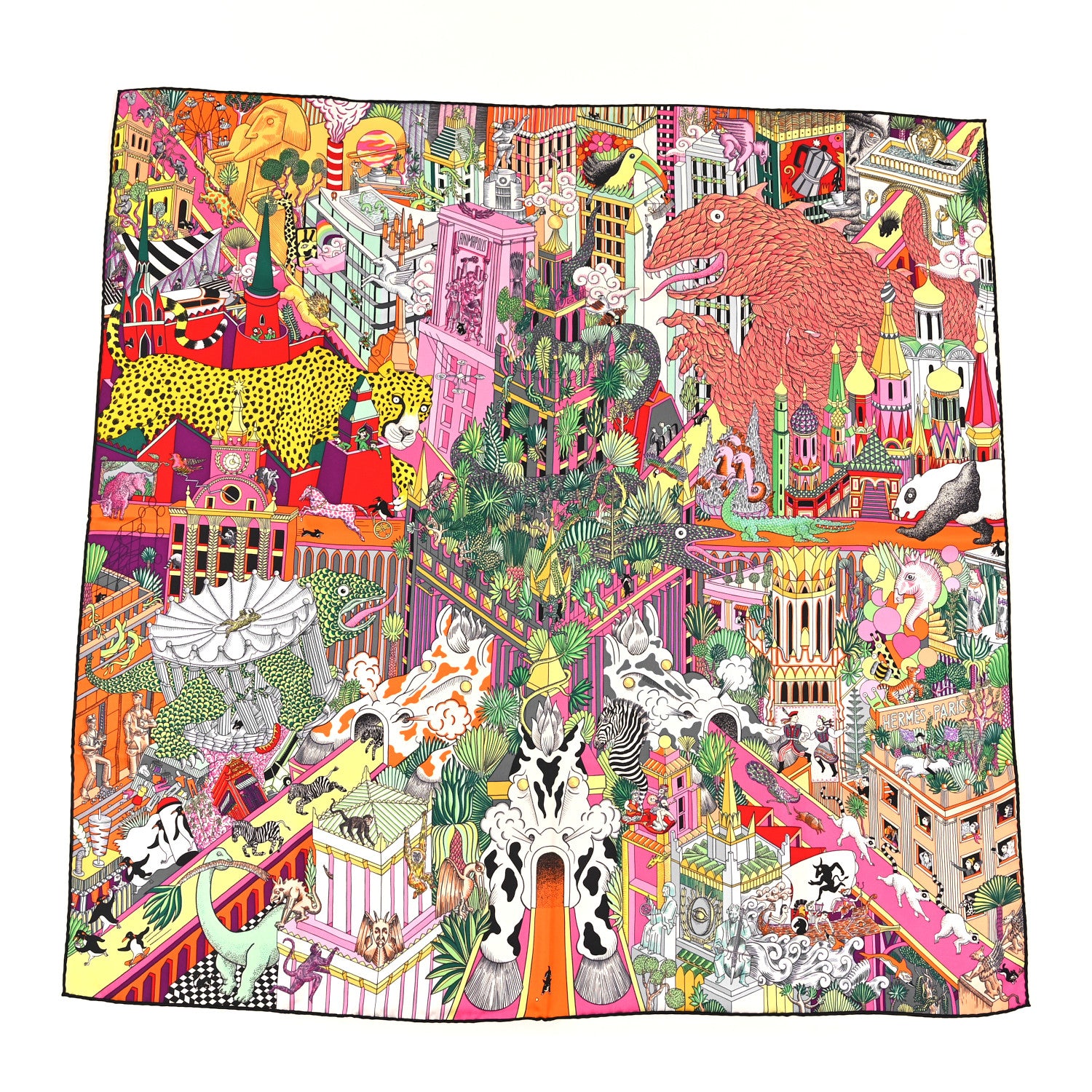 Hermes Silk Animapolis Scarf 90 Jaune Vif Vert Rose 1 of 4