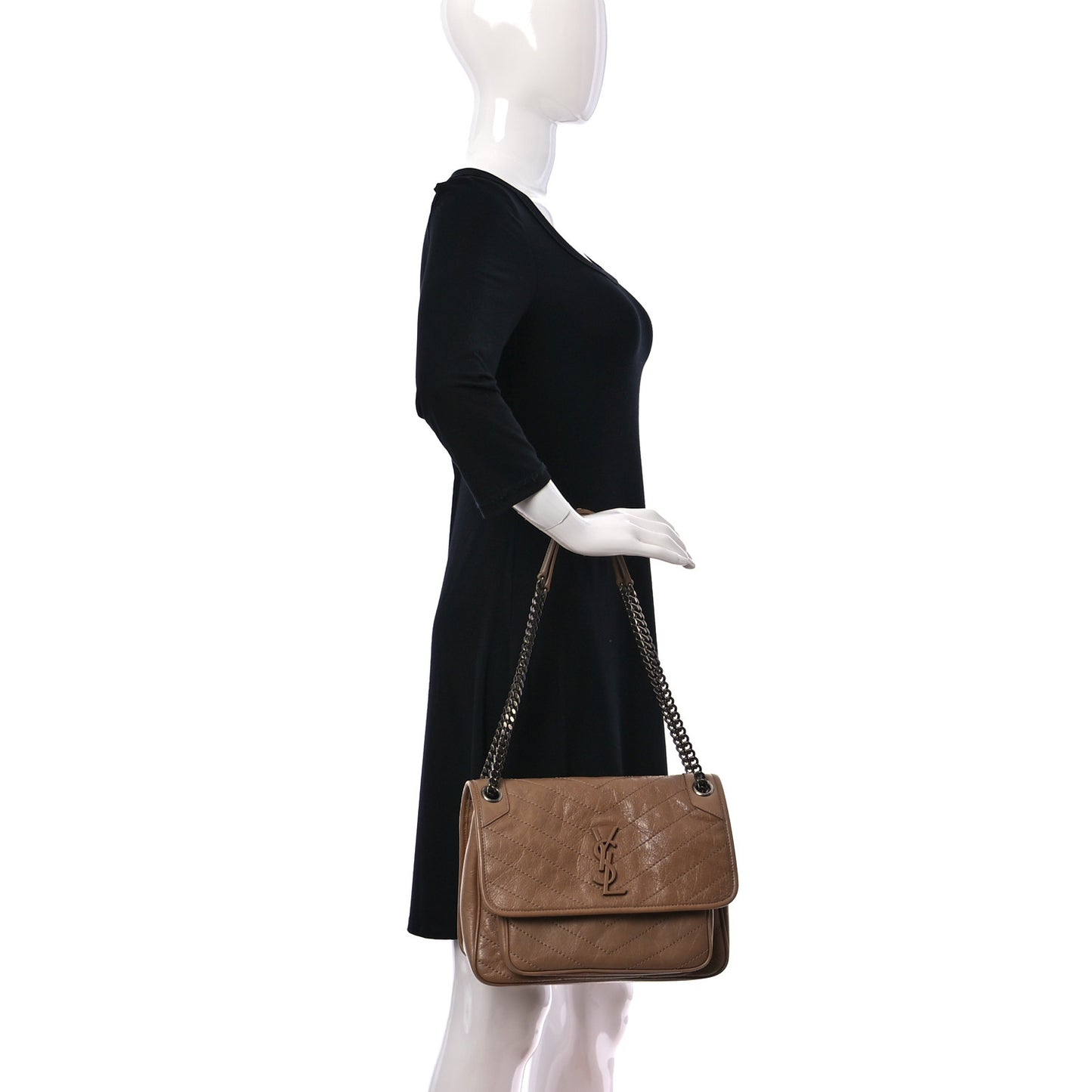 Crinkled Calfskin Matelasse Monogram Medium Niki Chain Satchel Dark Toffee