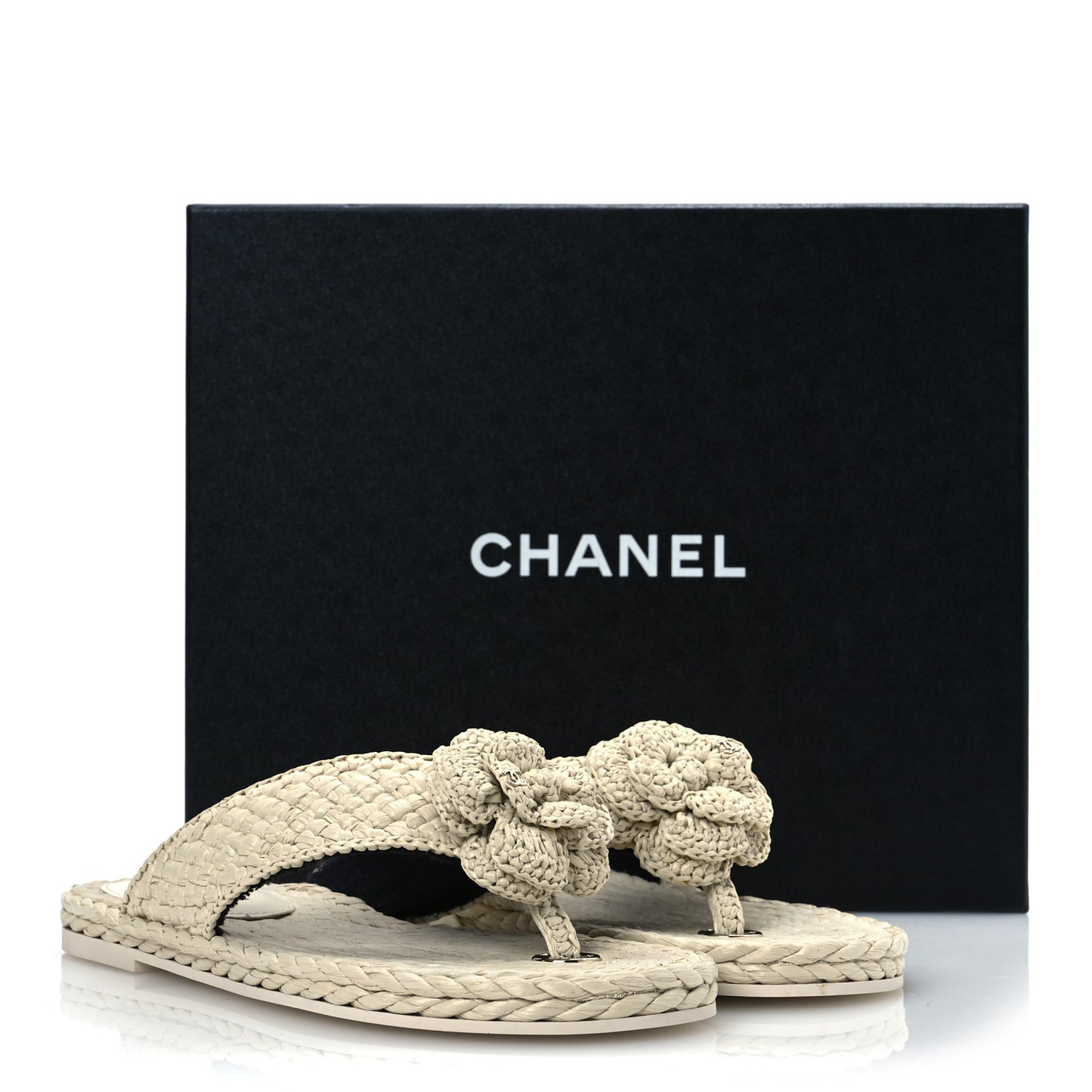 Raffia Camellia Flower Thong Sandals 38.5 Ivory