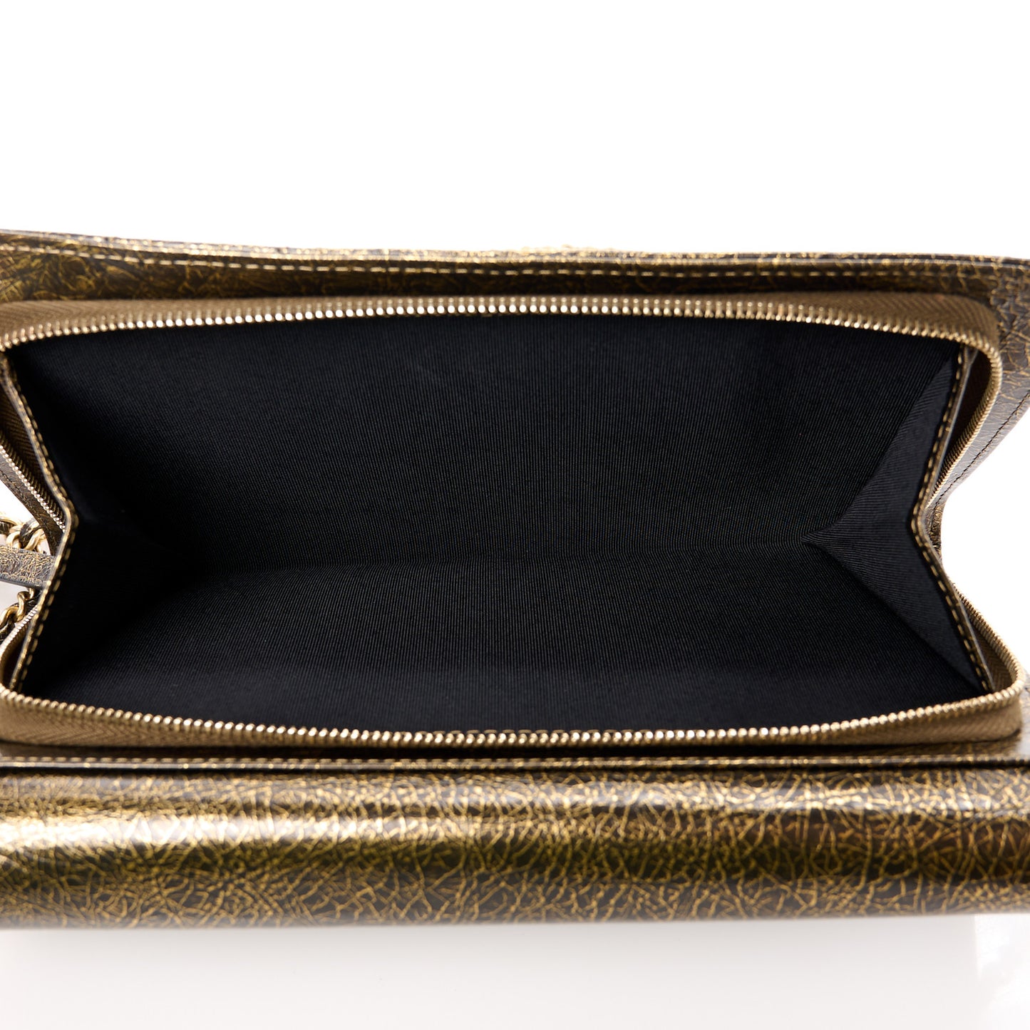 Cracked Metallic Calfskin Quilted Zip Away Chain Clutch Gold