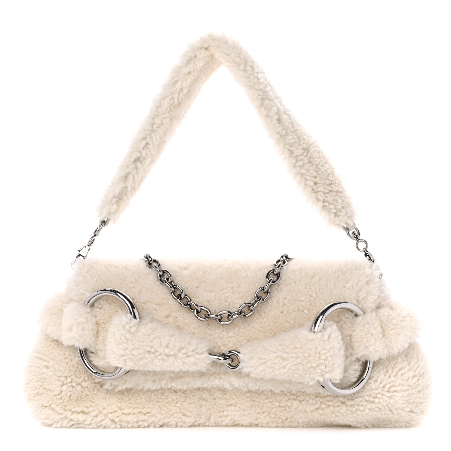 Gucci Merino Wool Medium Maxi Horsebit Chain Shoulder Bag Off White 1 of 9