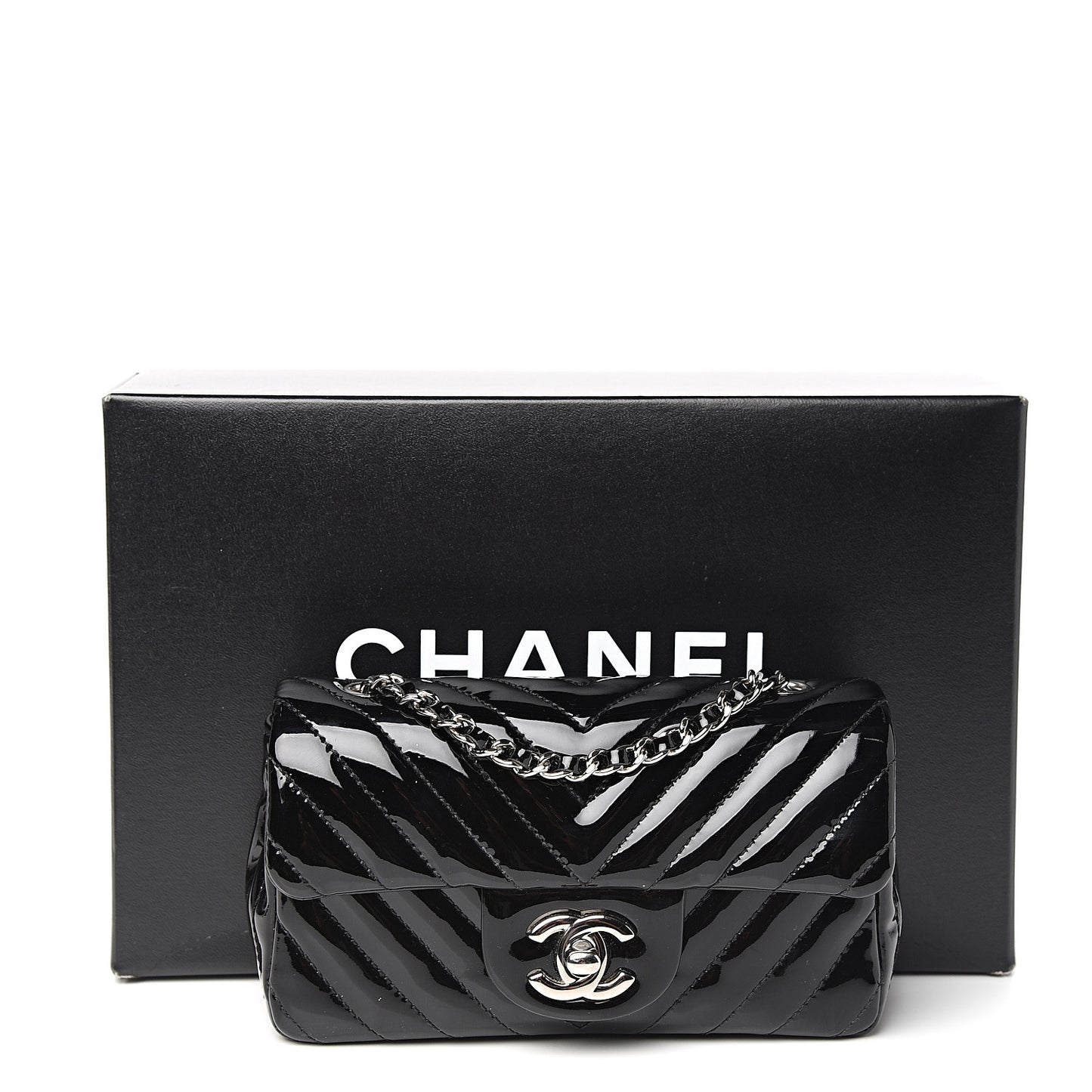 Patent Calfskin Chevron Quilted Extra Mini Flap Black