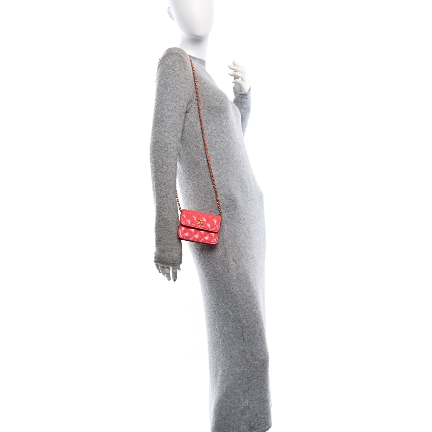 Shiny Lambskin Quilted Card Holder On Chain Pink
