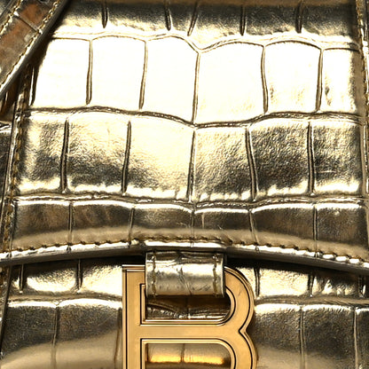 Balenciaga Metallic Calfskin Crocodile Embossed Hourglass Top Handle Bag XS Gold 9 of 14