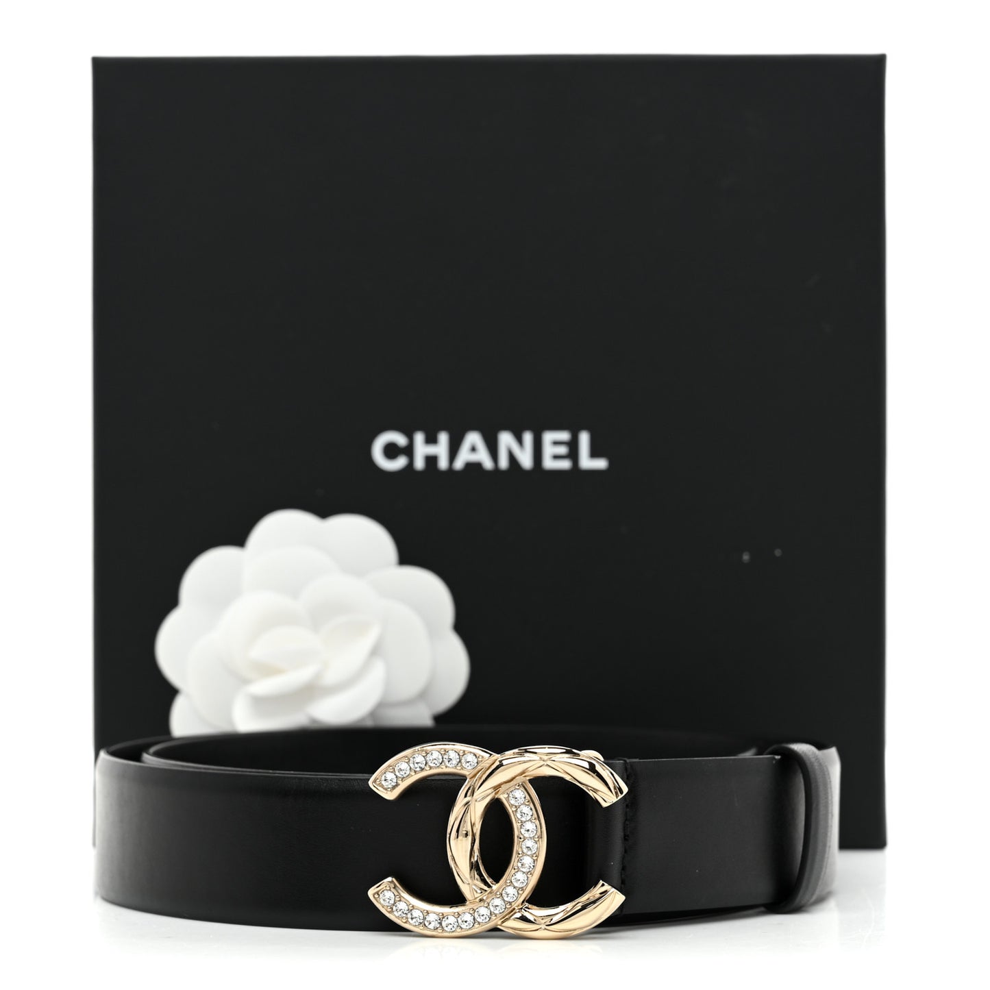 Calfskin Crystal Metal Quilted CC Belt 90 36 Black