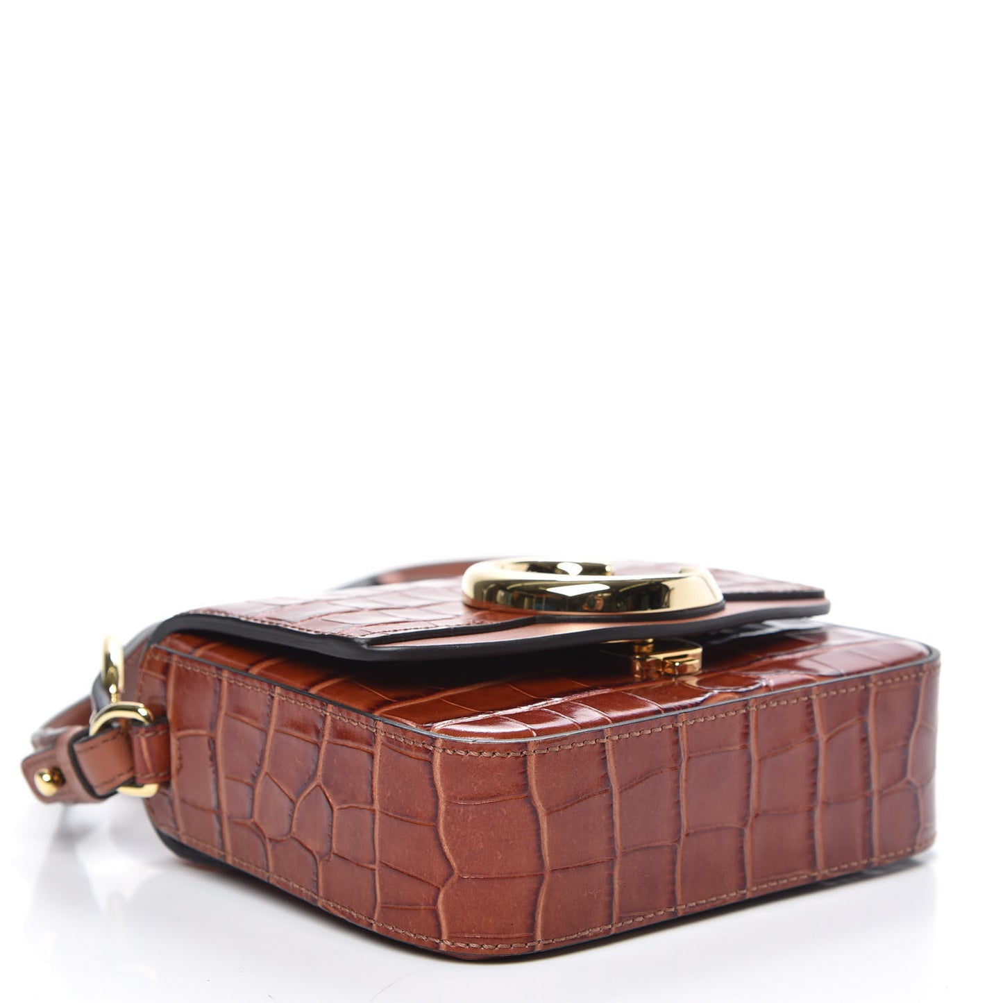 Calfskin Crocodile Embossed Mini C Double Carry Chestnut Brown