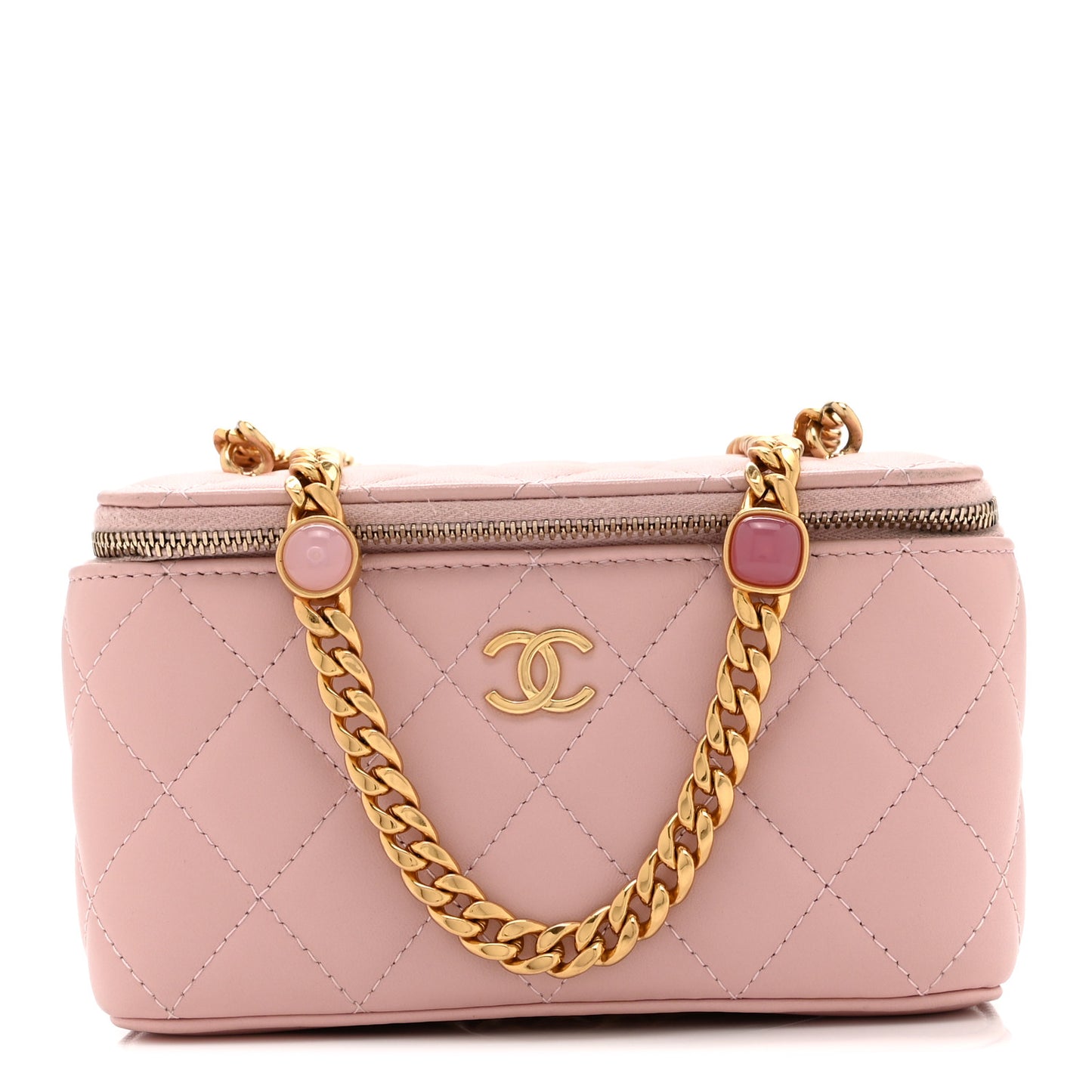 Caviar Quilted Pearl Enamel Small Vanity Case With Chain Light Pink