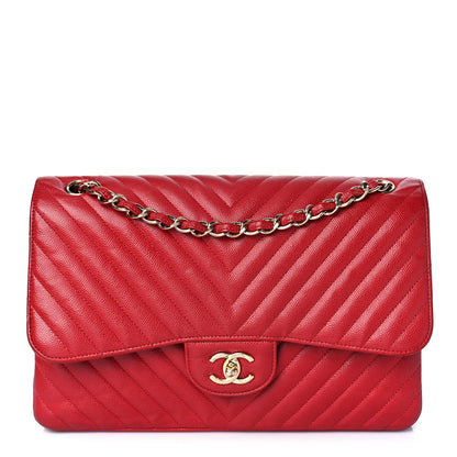 Chanel Caviar Chevron Quilted Jumbo Double Flap Dark Red 1 of 14