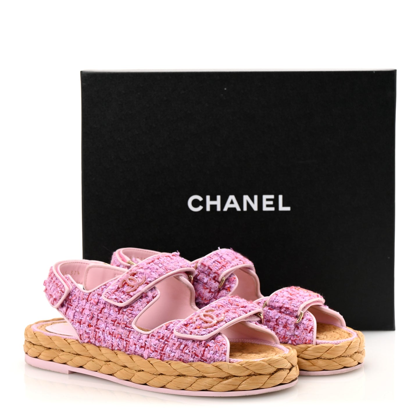 Tweed Patent Calfskin Velcro Dad Sandals 37.5 Light Purple Pink Red