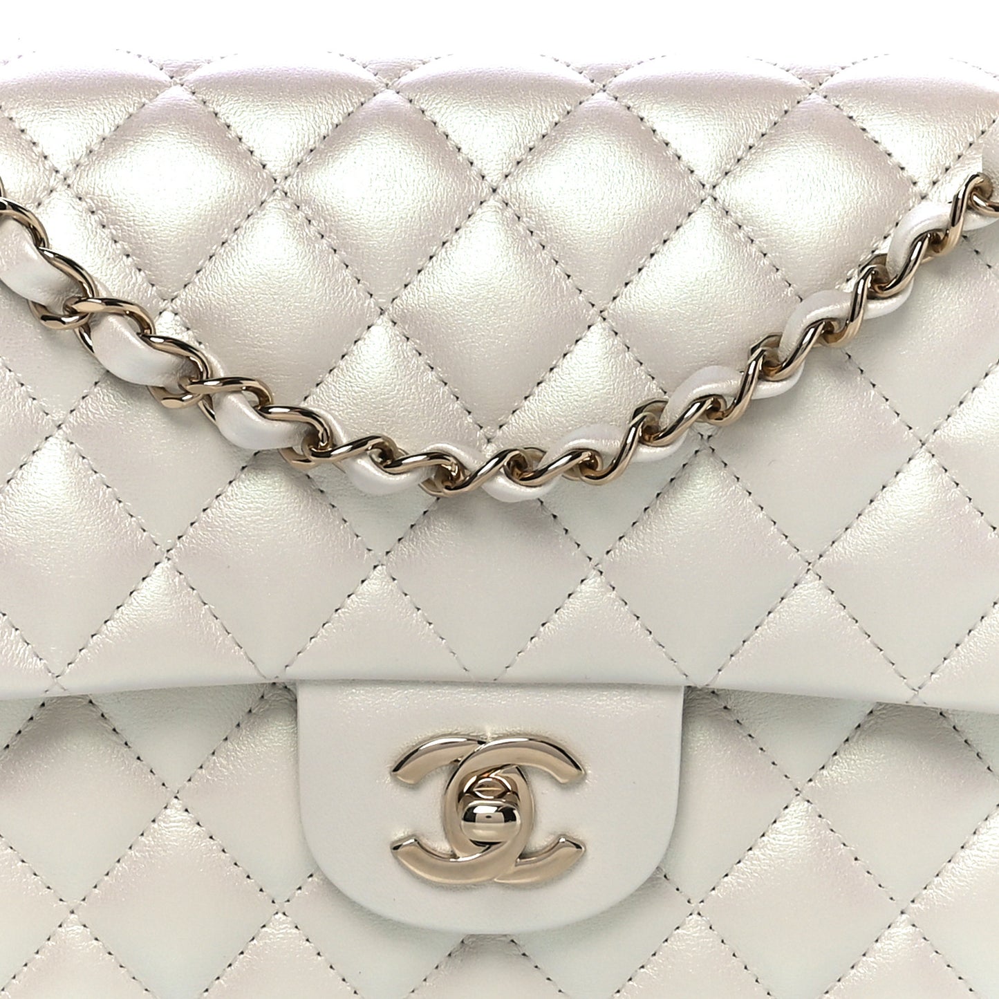 Iridescent Calfskin Quilted Medium Double Flap White