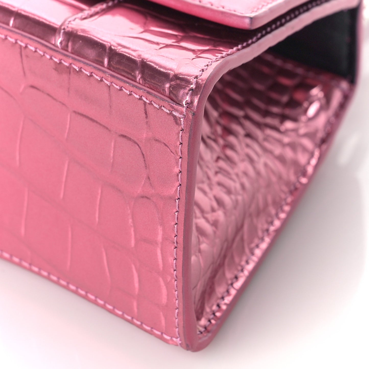 Metallic Shiny Calfskin Crocodile Embossed Hourglass Top Handle Bag XS Pink
