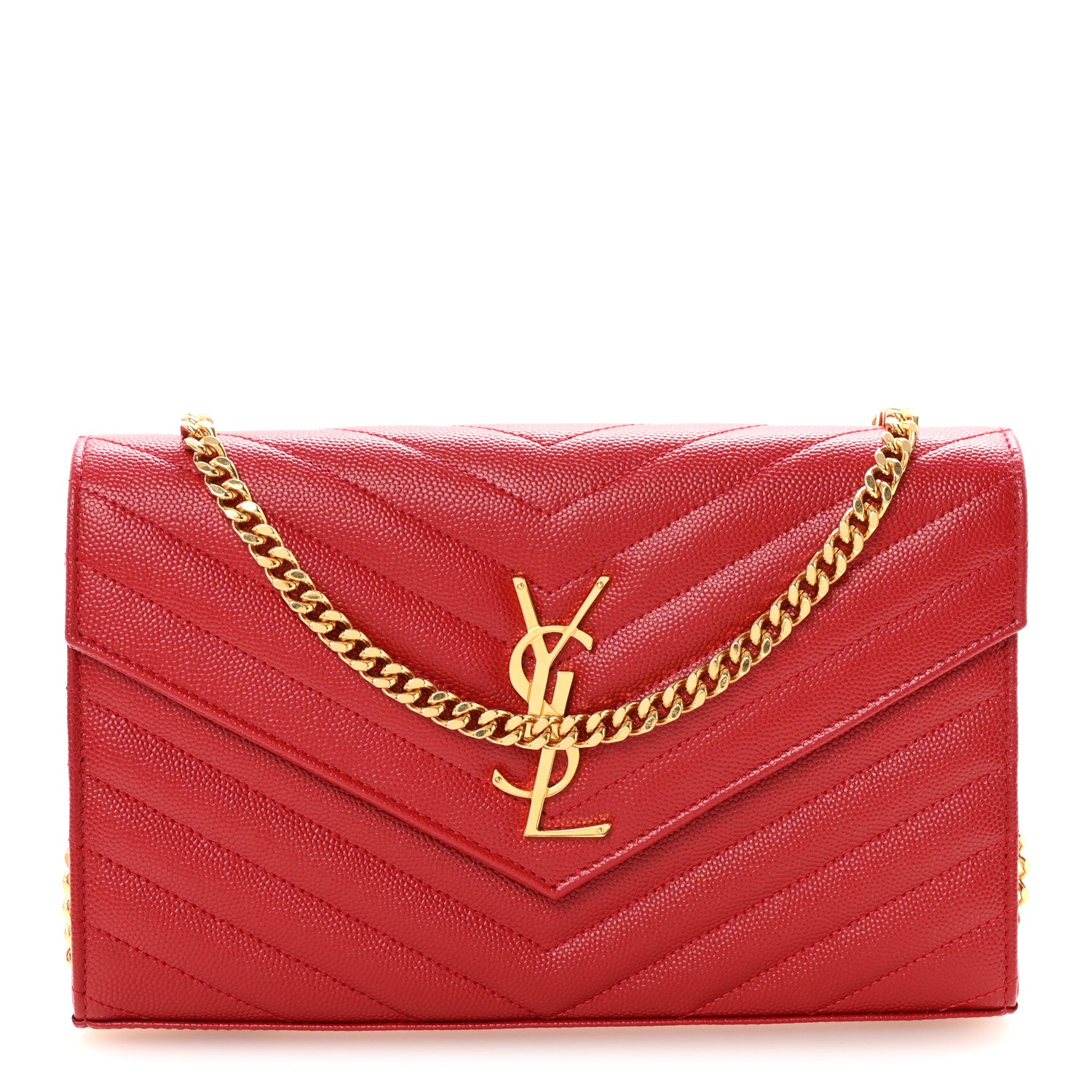 Saint Laurent Grain De Poudre Matelasse Chevron Monogram Chain Wallet Rouge Eros 1 of 9