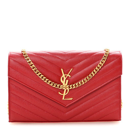 Saint Laurent Grain De Poudre Matelasse Chevron Monogram Chain Wallet Rouge Eros 1 of 9