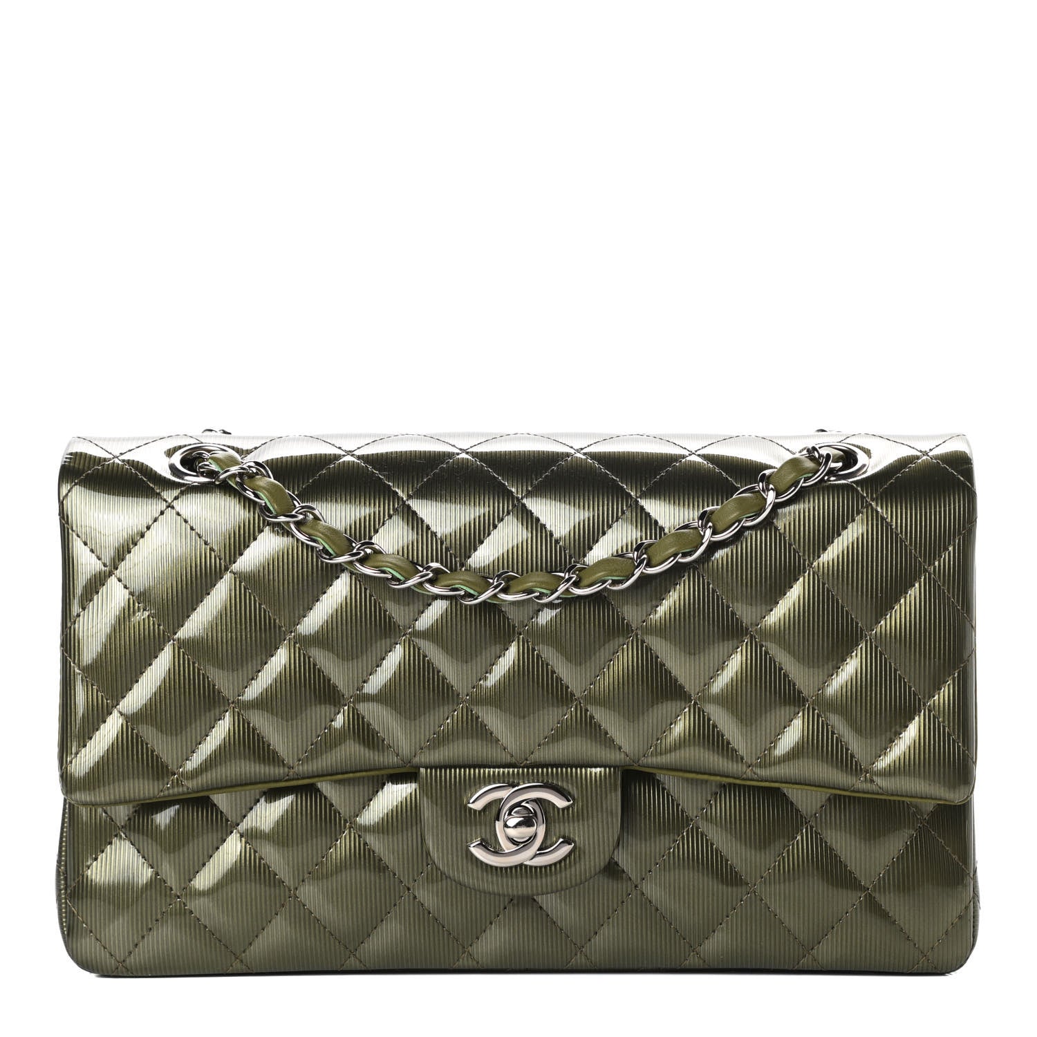 Chanel Striated Patent Quilted Medium Double Flap Green 1 of 11