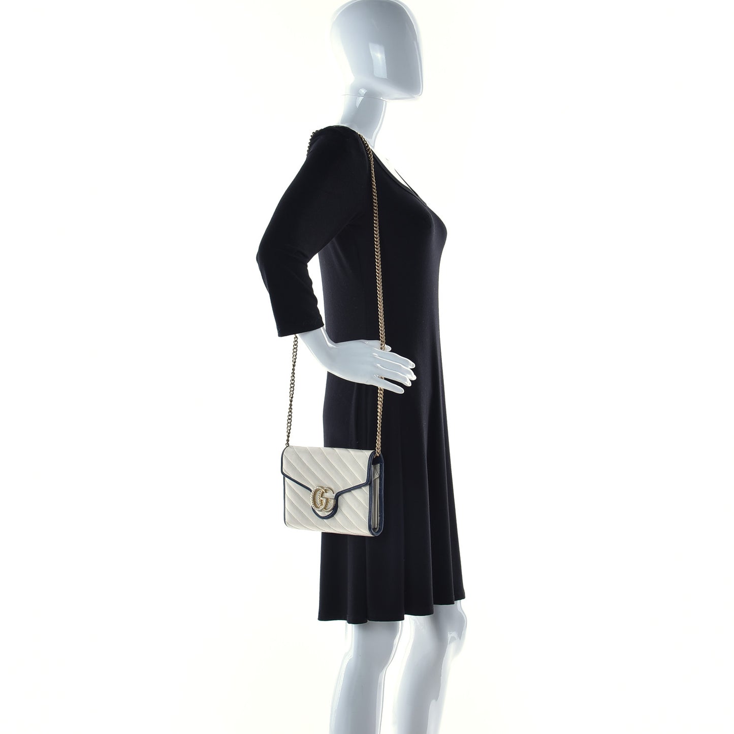 Vintage Effect Calfskin Matelasse Diagonal Torchon GG Marmont Chain Wallet Mystic White Blue Agata