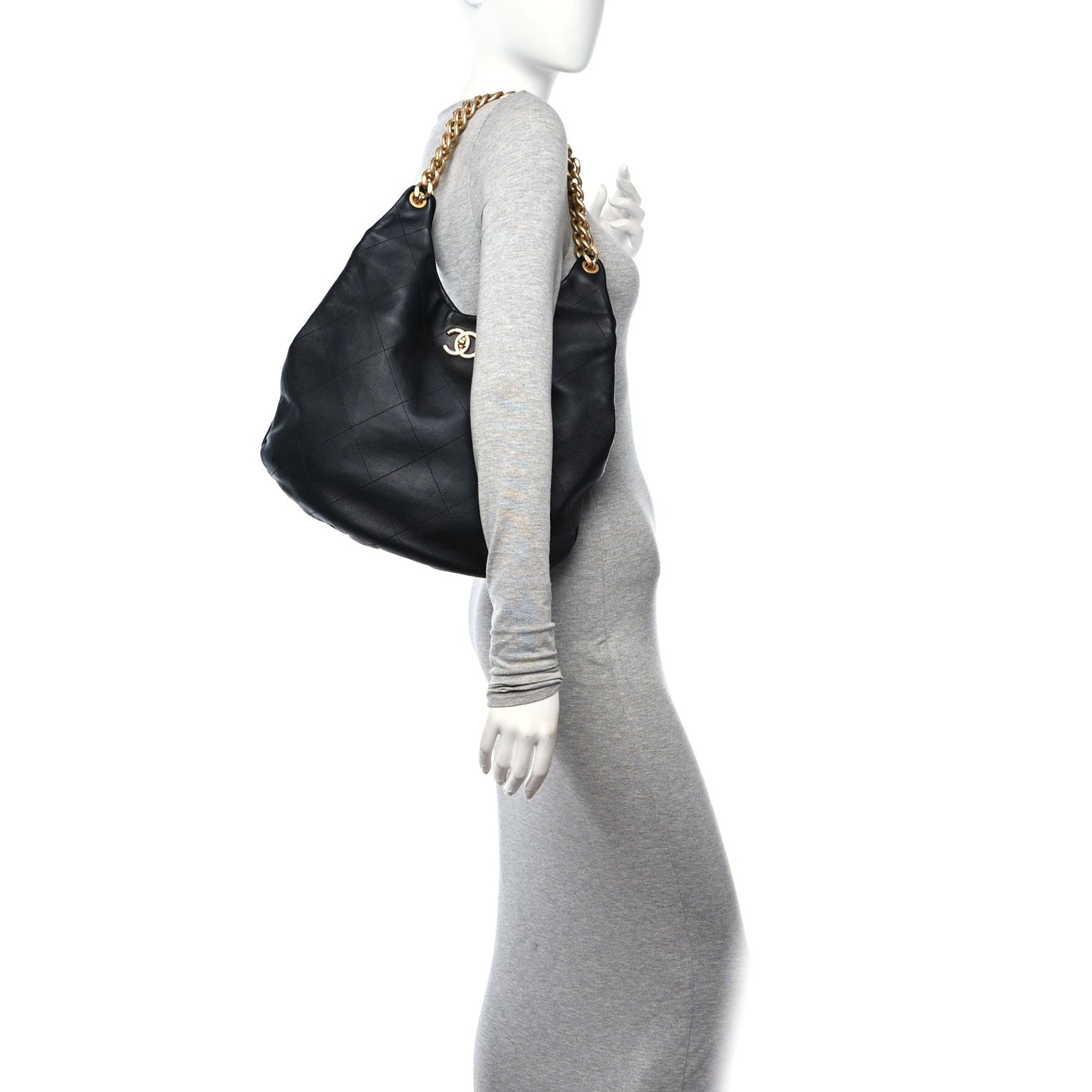 Calfskin Stitched Curved Chain Hobo Black