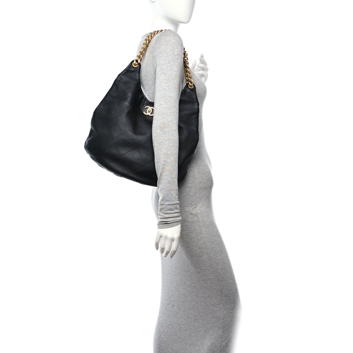 Chanel Calfskin Stitched Curved Chain Hobo Black 2 of 10