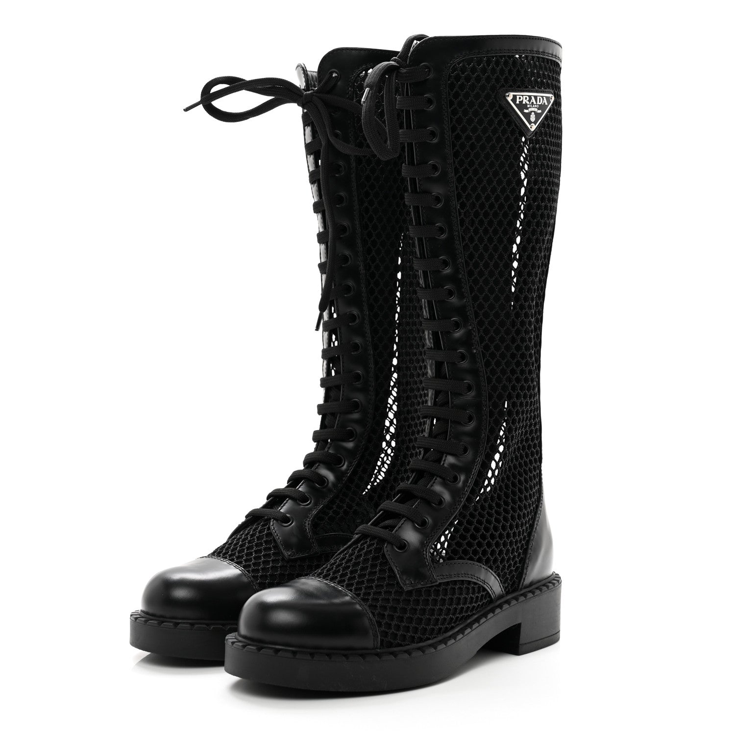 Prada Rete Spazzolato Rois Metal Triangle Logo Womens Knee High 50mm Boots 35.5 Black 3 of 8