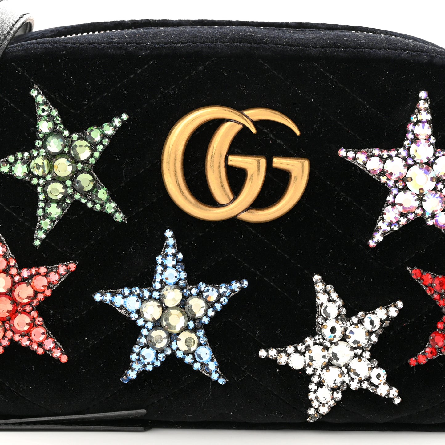 Velvet Matelasse Crystal Star Embroidered Small GG Marmont Chain Shoulder Bag Black
