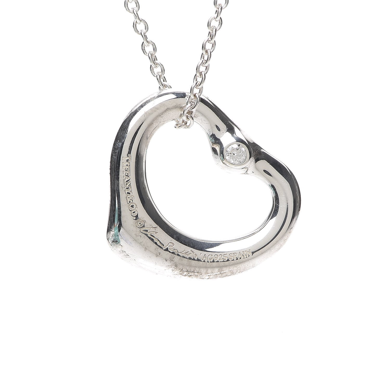 Tiffany Sterling Silver Diamond 16mm Elsa Peretti Open Heart Pendant Necklace 4 of 9