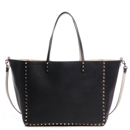 Valentino Garavani Pebbled Calfskin Medium Rockstud Reversible Tote Black Light Ivory 1 of 9