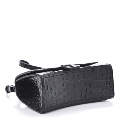 Balenciaga Shiny Calfskin Monochrome Crocodile Embossed Hourglass Top Handle Bag XS Black 4 of 9