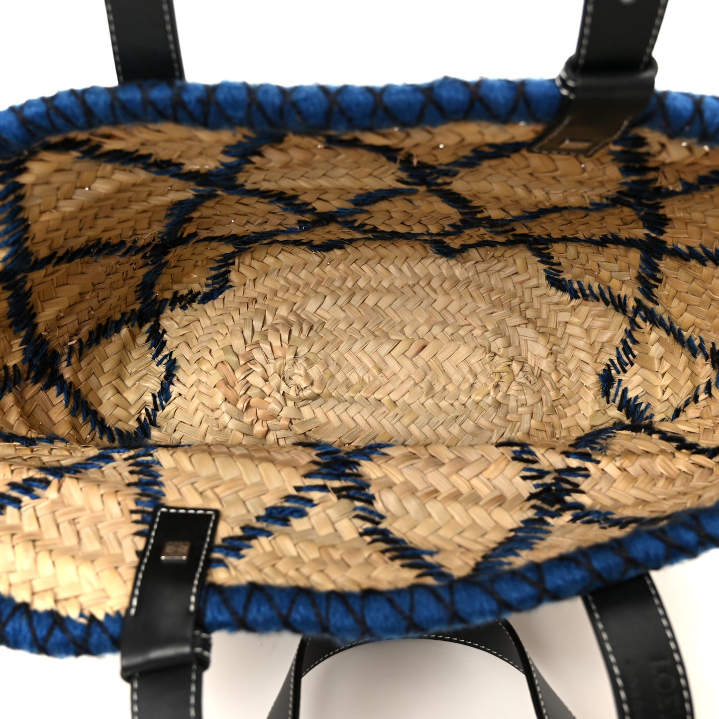 Embroidered Raffia Basket Tote Bag Natural Black Blue