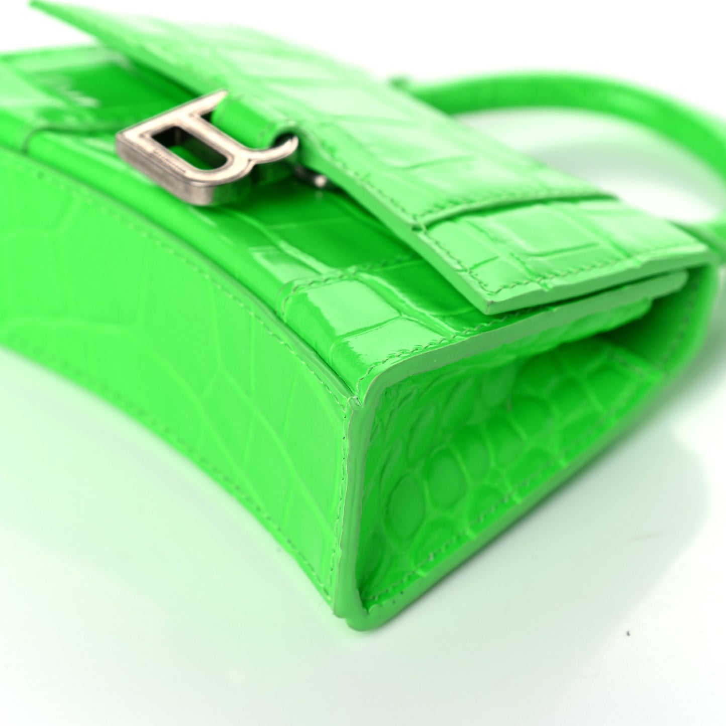 Shiny Calfskin Crocodile Embossed Hourglass Top Handle Bag Mini Fluo Green