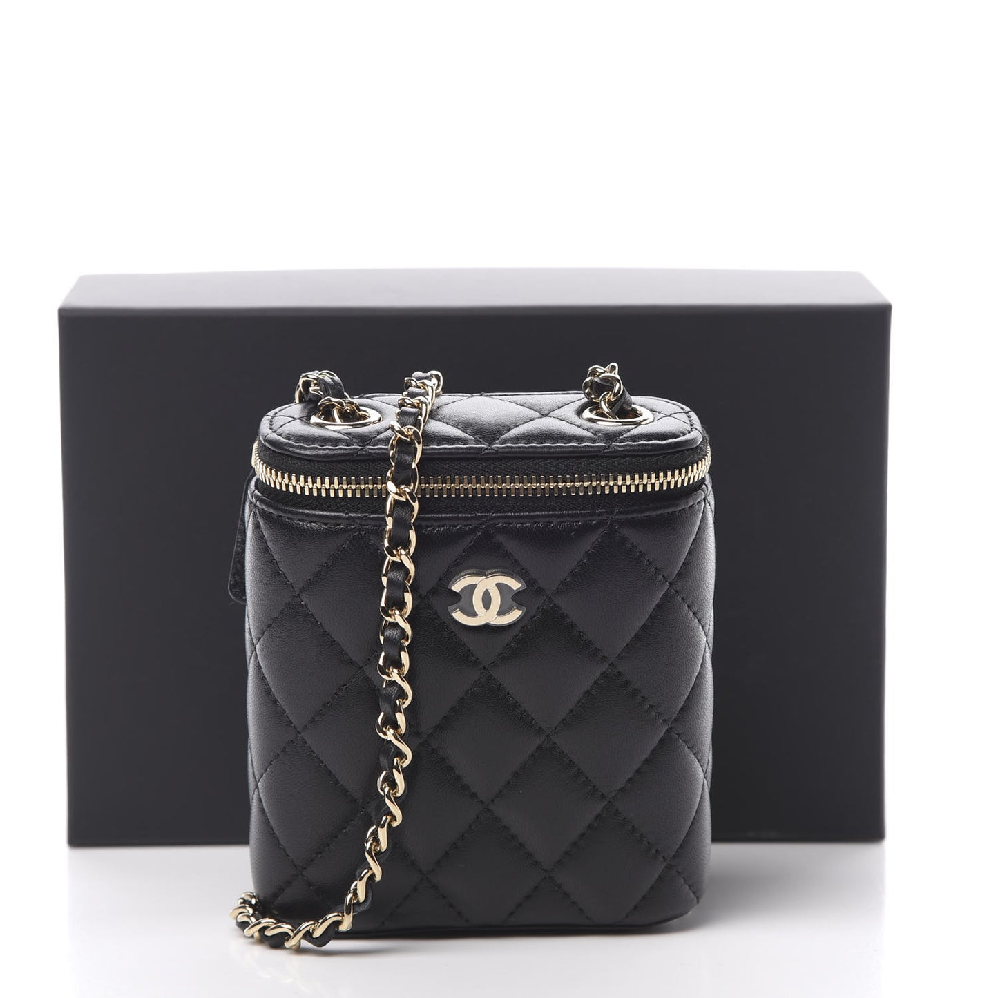 Lambskin Quilted Small Vertical Coco Beauty Vanity Case With Chain Black