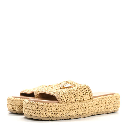 Prada Raffia Metal Triangle Logo Woven Flatform 35mm Slide Sandals 39 Naturale 7 of 17