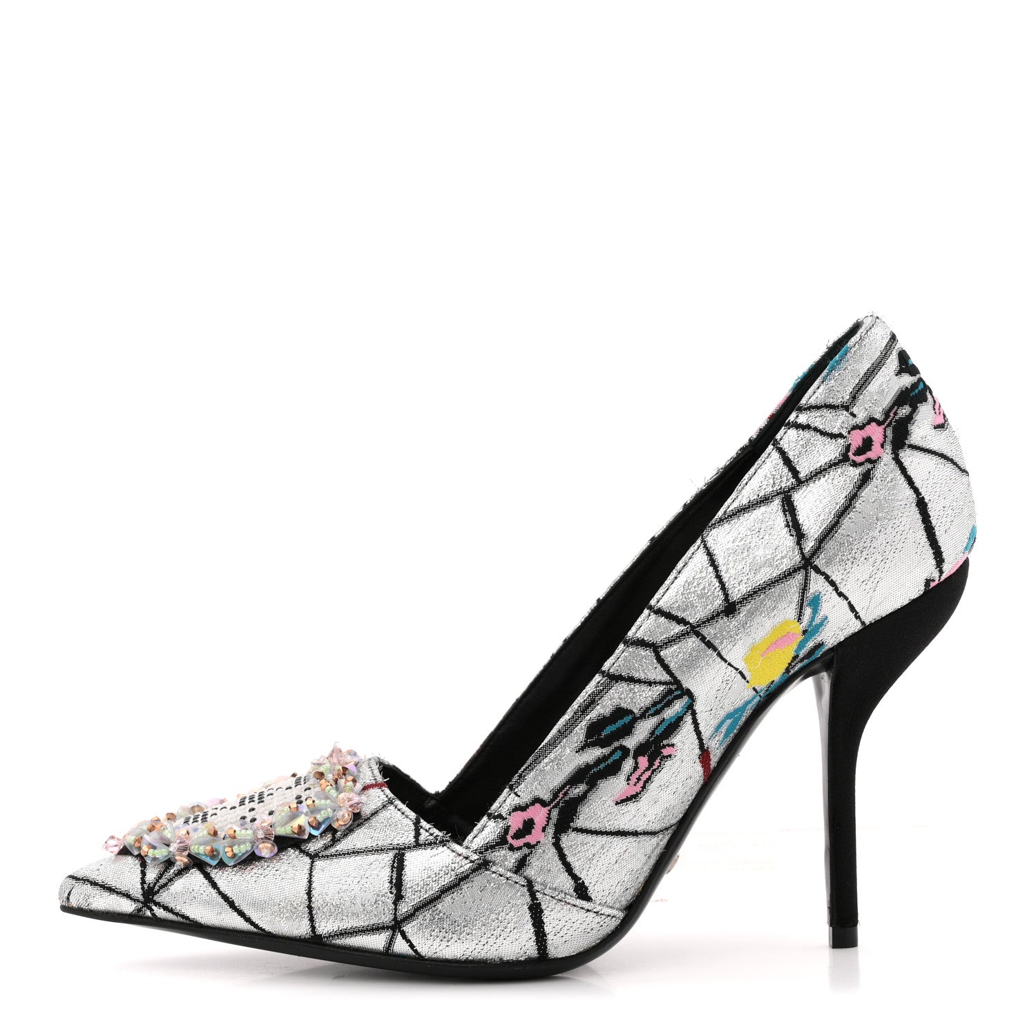 Christian Dior Lurex Embroidered Floral Pointed Toe Pumps 37 Silver Multicolor 1 of 12