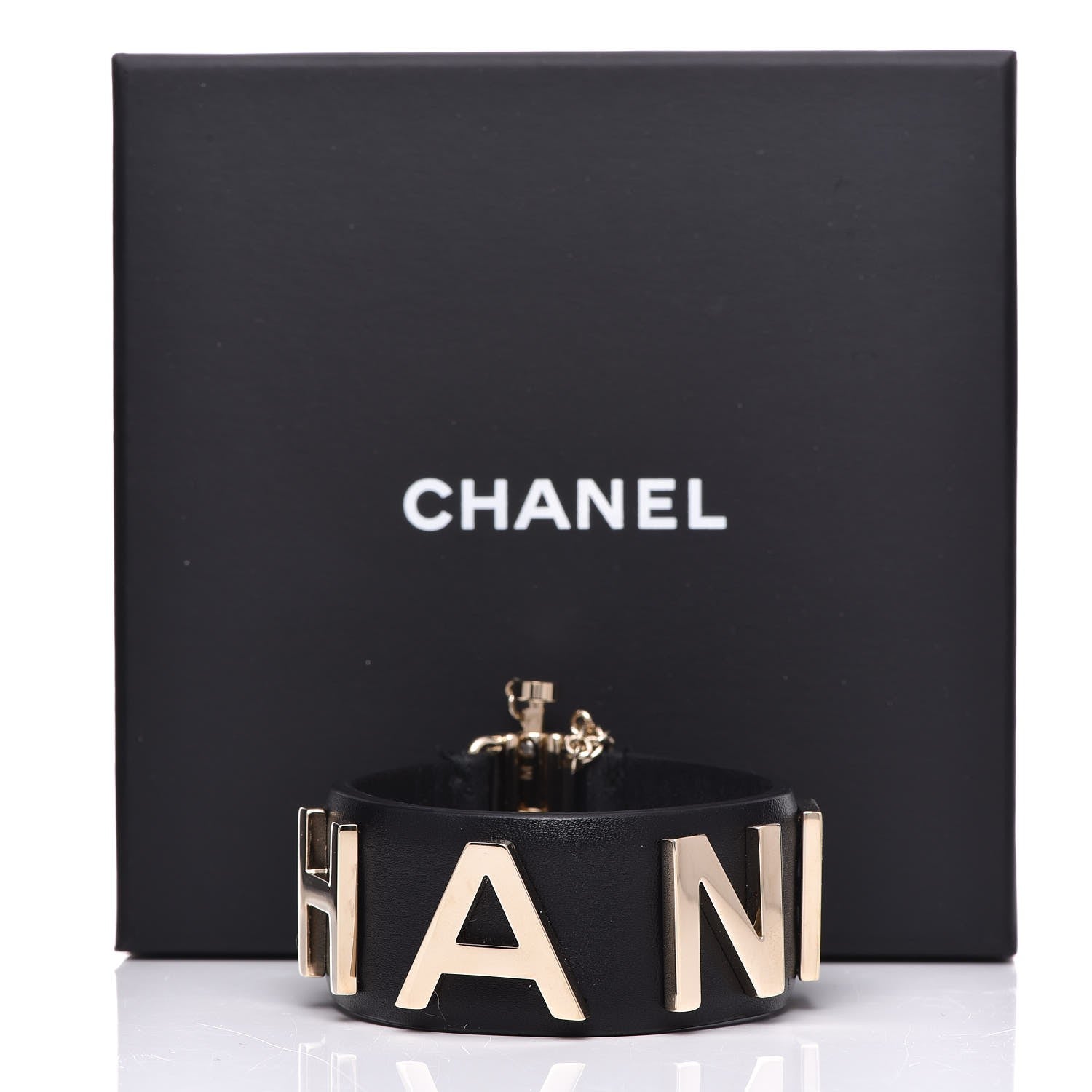 Chanel Calfskin Logo Cuff Bracelet M Black Gold 9 of 9