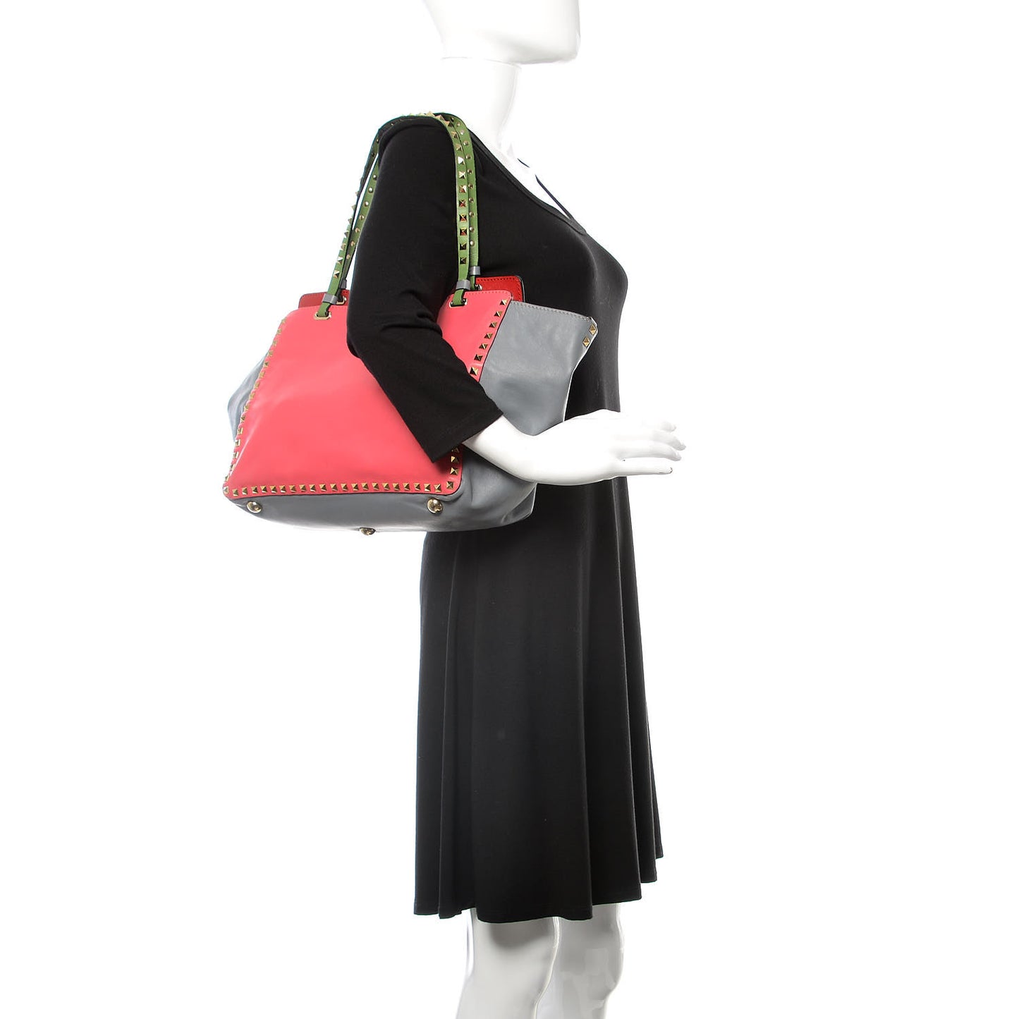 Vitello Colorblock Medium Rockstud Tote Deep Rose Clover Grey Scarlet