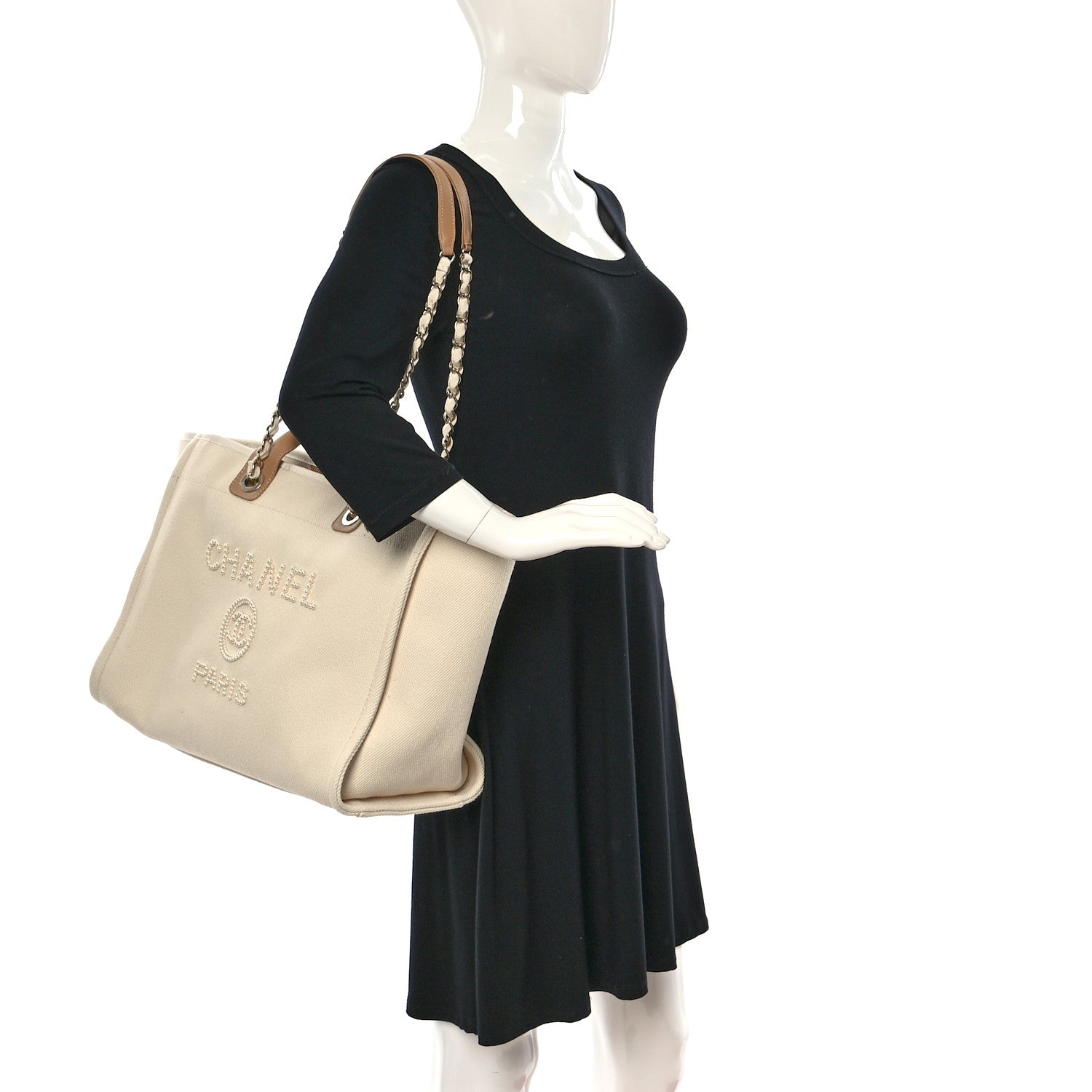 Chanel Canvas Pearl Medium Deauville Tote Ecru Beige 2 of 11
