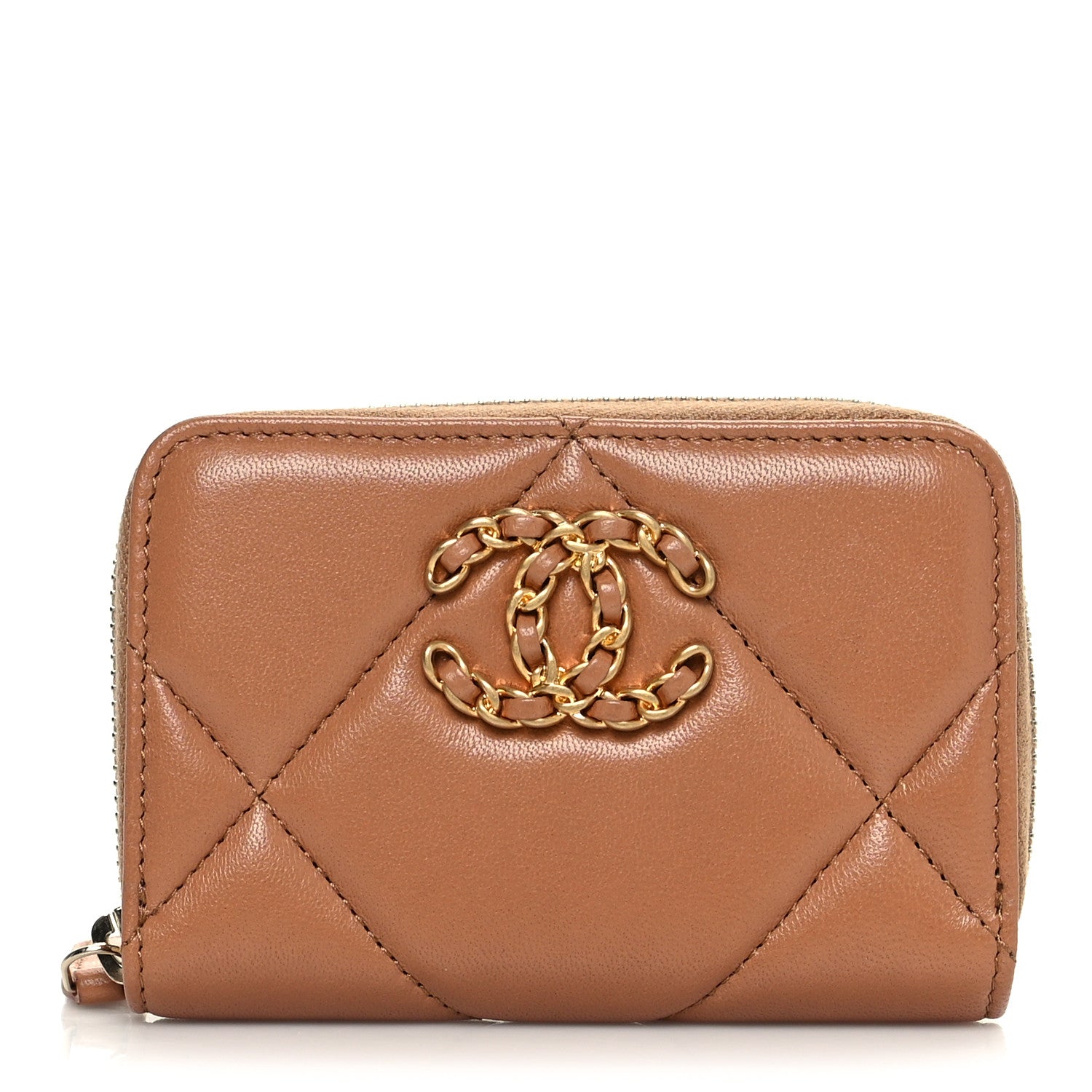 Chanel Lambskin Quilted Chanel 19 Zip Around Coin Purse Wallet Brown 1 of 8