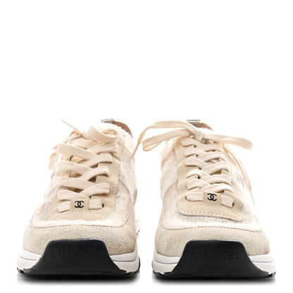 Chanel Knit Fabric Suede Calfskin Womens CC Sneakers 38.5 Ivory 3 of 9